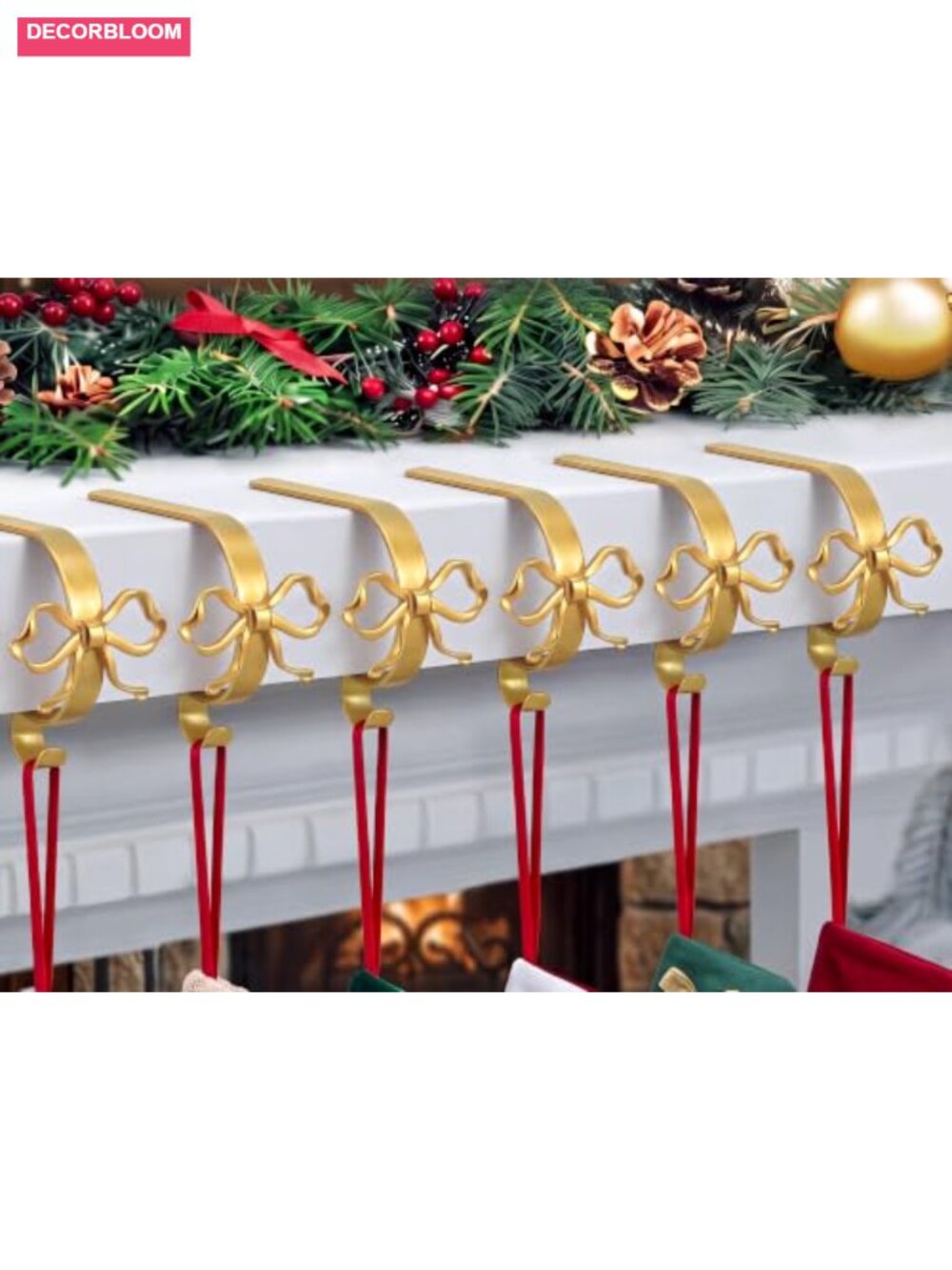 6 Pcs Christmas Stocking Holders Metal Bow Hooks for Mantel